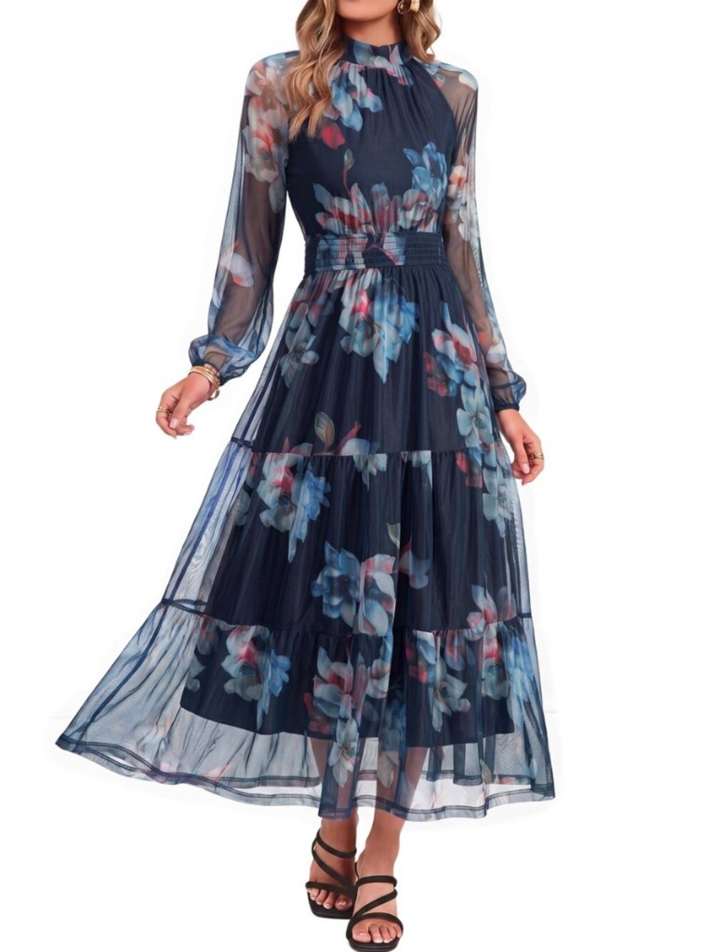 Womens Floral Wedding Guest Maxi Dress Flowy Mesh Fall Dress